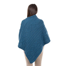 Load image into Gallery viewer, ML906 Aran Cable Buttoned Wool Poncho Teal Tara Irish Clothing