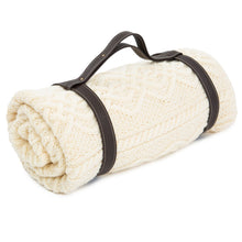 Load image into Gallery viewer, Picnic Aran Throw with Leather Straps Tara Irish Clothing White Color