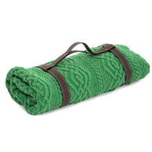 Load image into Gallery viewer, Picnic Aran Throw with Leather Straps Tara Irish Clothing Green Color
