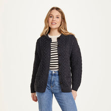 Load image into Gallery viewer, Merino Wool Aran Cable Lumber Cardigan Charcoal Studio Tara Irish Clothing.com
