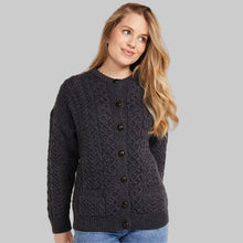 Load image into Gallery viewer, Merino Wool Aran Cable Lumber Cardigan Charcoal Tara Irish Clothing.com
