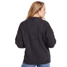 Load image into Gallery viewer, Merino Wool Aran Cable Lumber Cardigan Charcoal Back View Tara Irish Clothing.com
