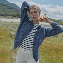 Load image into Gallery viewer, Merino Wool Aran Cable Lumber Cardigan Denim Lifestyle Tara Irish Clothing.com
