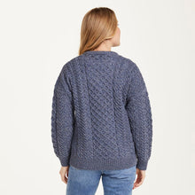 Load image into Gallery viewer, Merino Wool Aran Cable Lumber Cardigan Denim Back View Tara Irish Clothing.com
