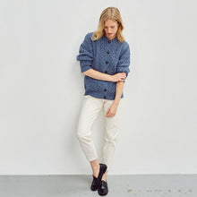 Load image into Gallery viewer, Merino Wool Aran Cable Lumber Cardigan Denim Front View Tara Irish Clothing.com
