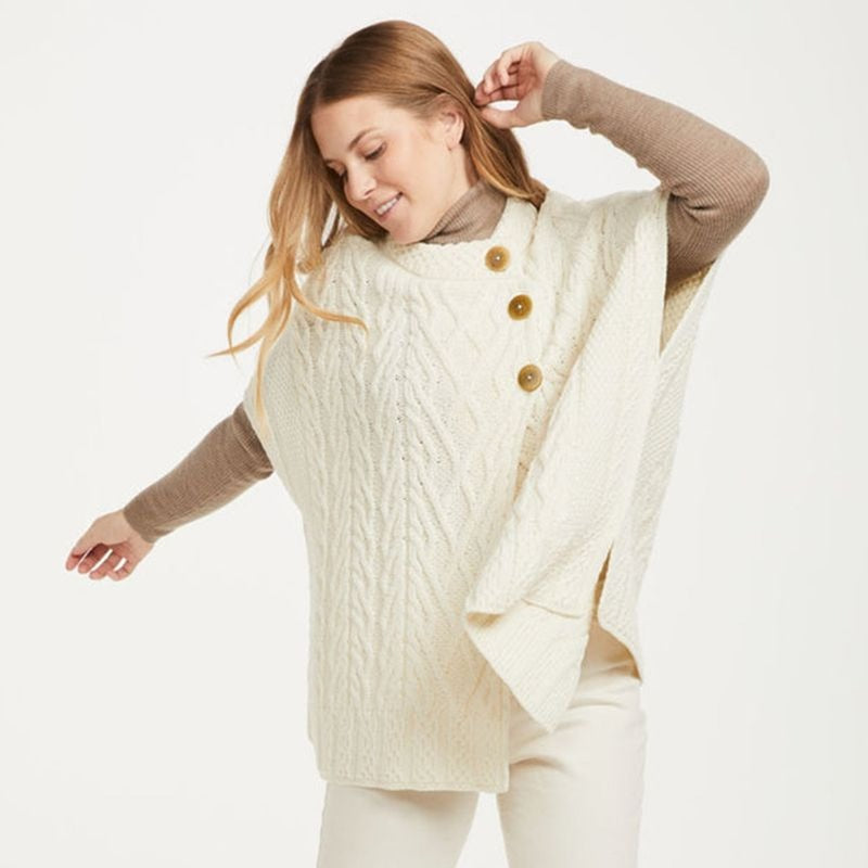Ladies SuperSoft Merino Wool Aran Knit Buttoned Poncho