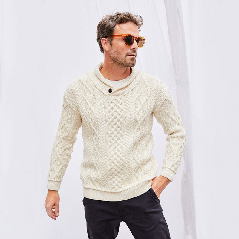 Men's SuperSoft Merino Wool Aran Shawl Collar Sweater