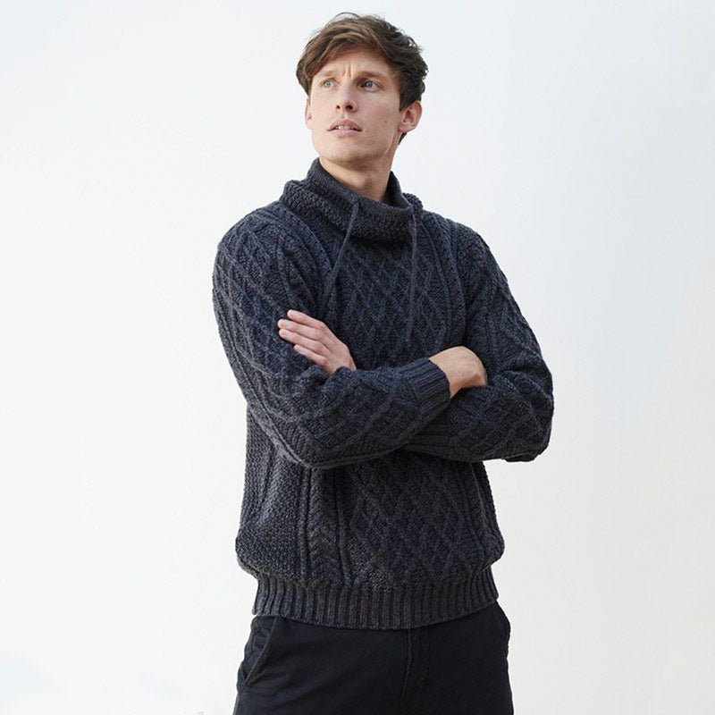 Men's Merino Wool Aran Sweater with Drawcords