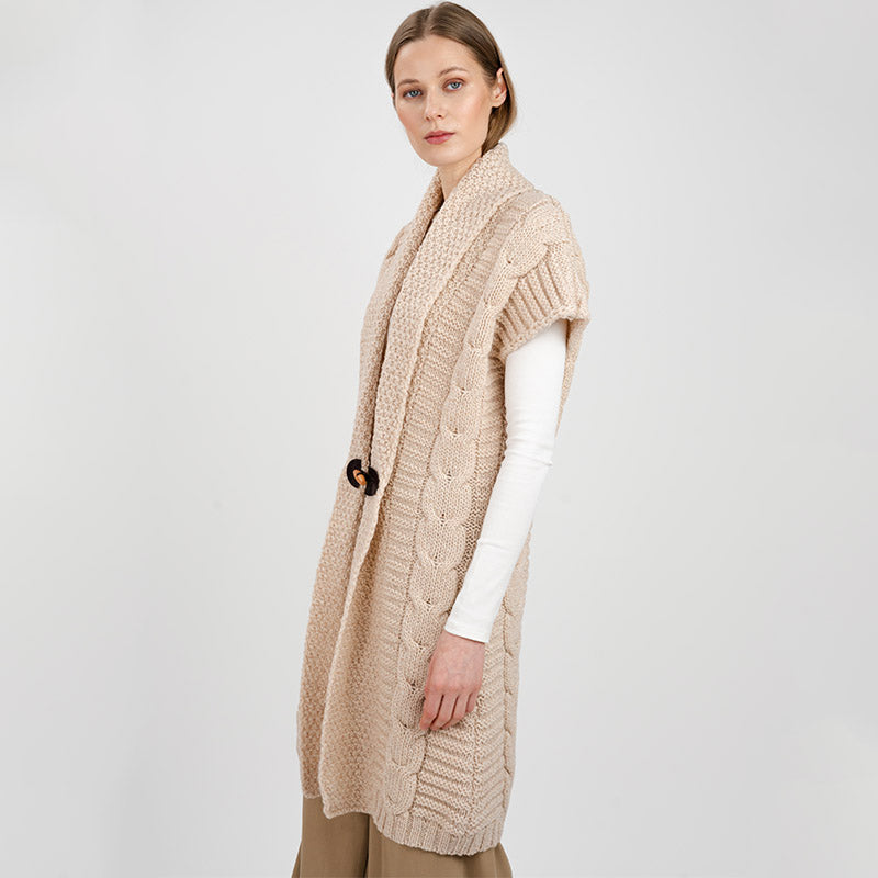 Ladies Long Irish Sleeveless Wool Cardigan