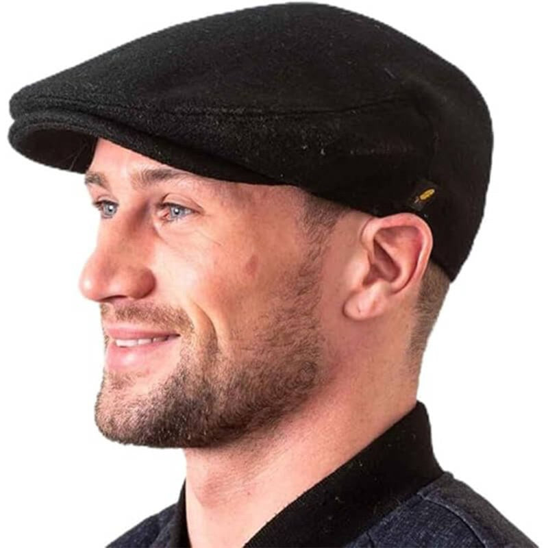 Mens Plain Black Donegal Wool Flat Cap