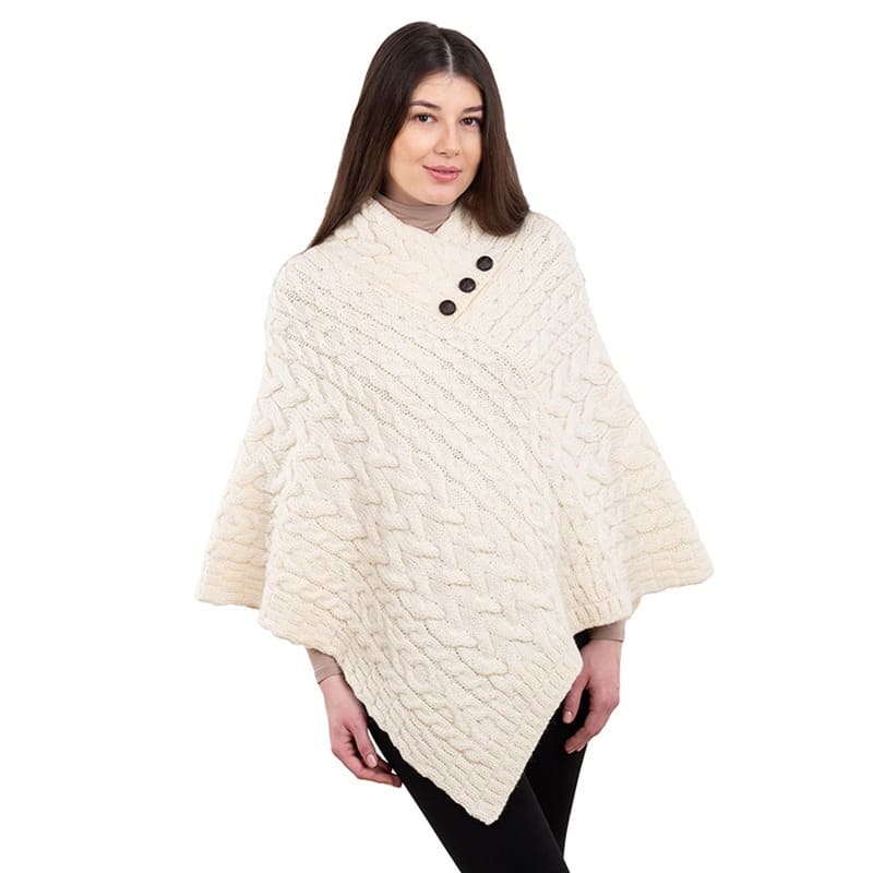 Ladies Aran Fisherman Poncho with Buttons