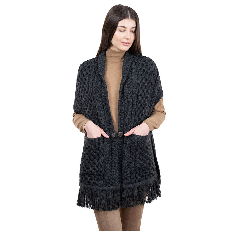 Aran Shawl Wrap Cardigan with Pockets