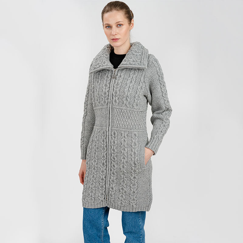 Merino Double Collar Aran Cardigan with Zipper for Ladies
