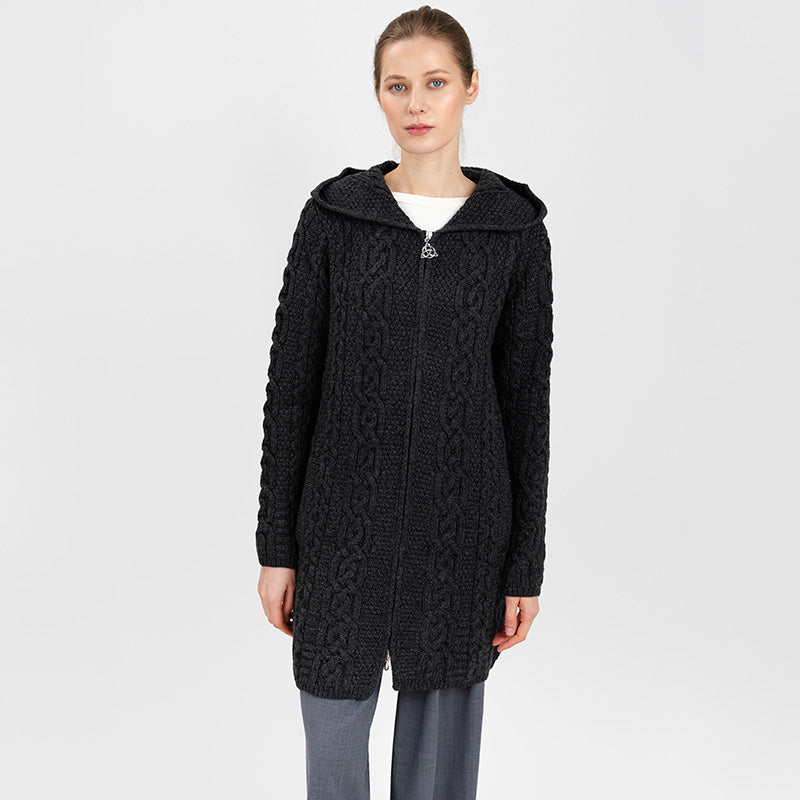 Irish Aran Cable Hooded Cardigan with Zip for Women