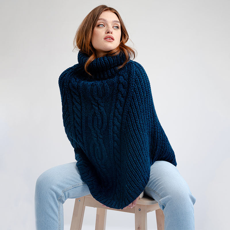 Ladies Rolled Collar Irish Poncho Sweater | Tara Irish Clothing