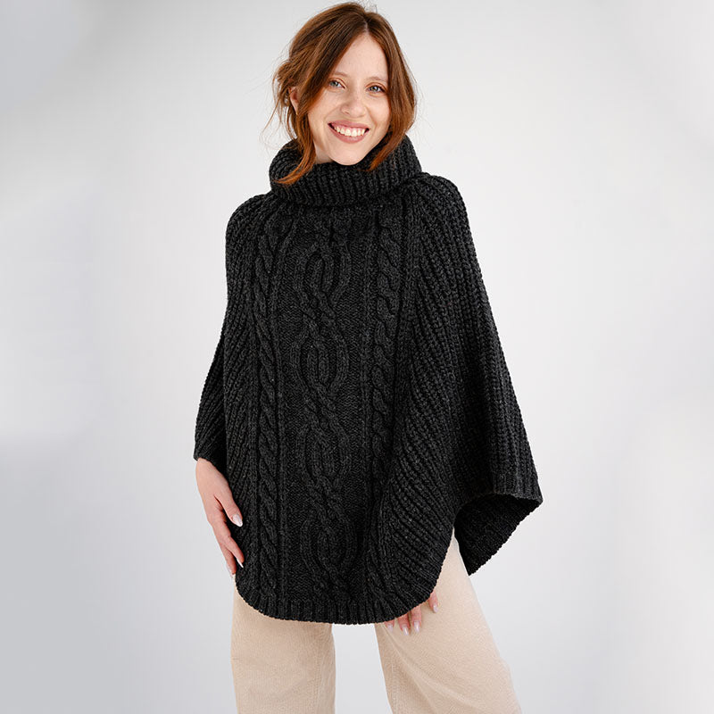 Ladies Rolled Collar Irish Poncho Sweater