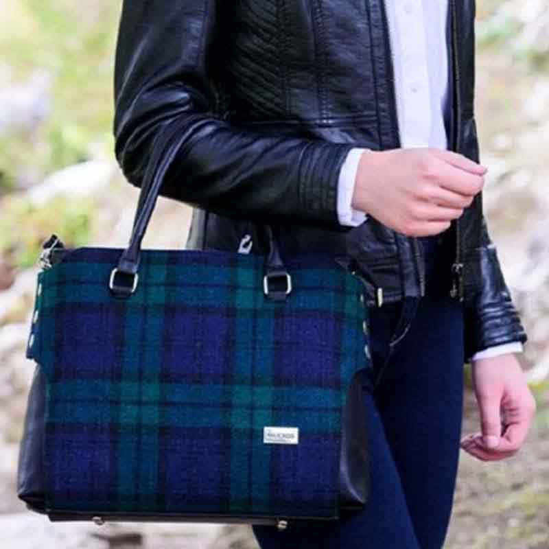 Blue Plaid Tweed Wool Large Handbag