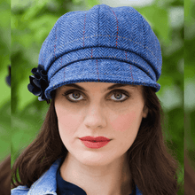 Load image into Gallery viewer, Women&#39;s Irish Wool Newsboy Cap in Blue and Purple Pattern
