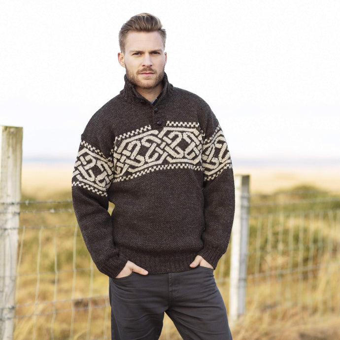 Aran Woollen Mills Rugged Irish Wool Sweater with Button Collar Brown-Gray A271246 tarairishclothing.com