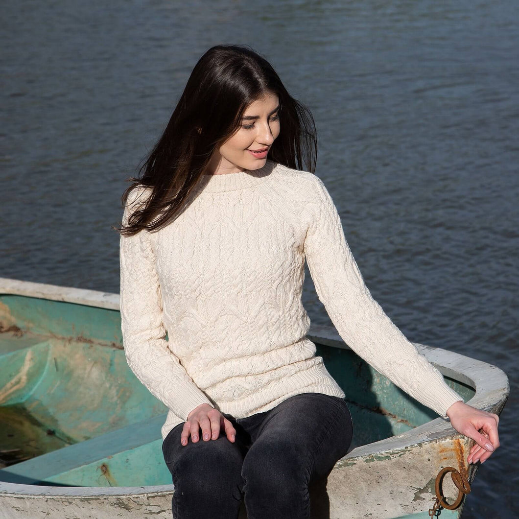 White Women's Lambswool Crew Neck Irish Sweater Tara Irish Clothing 