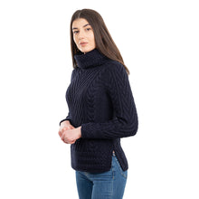 Load image into Gallery viewer, Ladies Irish Aran Turtleneck Sweater Navy Color Side View Tara Irish Clothing 
