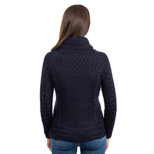 Load image into Gallery viewer, Ladies Irish Aran Turtleneck Sweater Navy Color Back View Tara Irish Clothing
