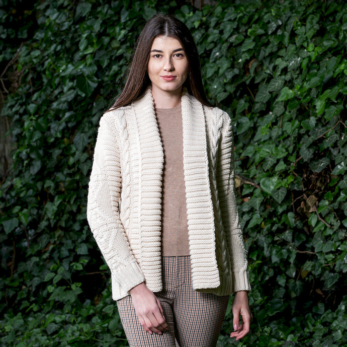 SAOL Heavy White Hand Knit Ladies Cardigan AWL121300 TaraIrishClothing.com