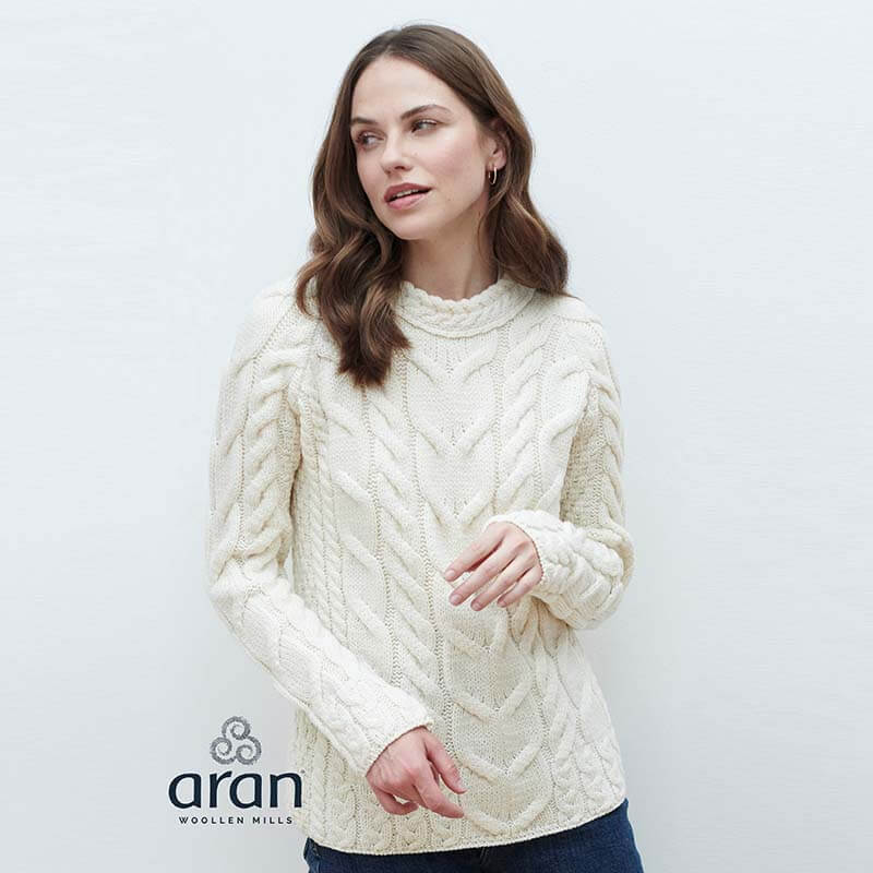 Aran Knit Cable Sweater for Ladies in White Color Tara Irish Clothing