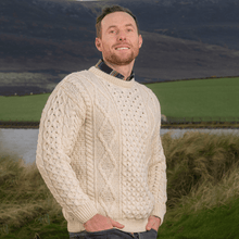 Load image into Gallery viewer, Honeycomb Wool Knit Crew Neck Irish Sweater White Color Tara Irish Clothing
