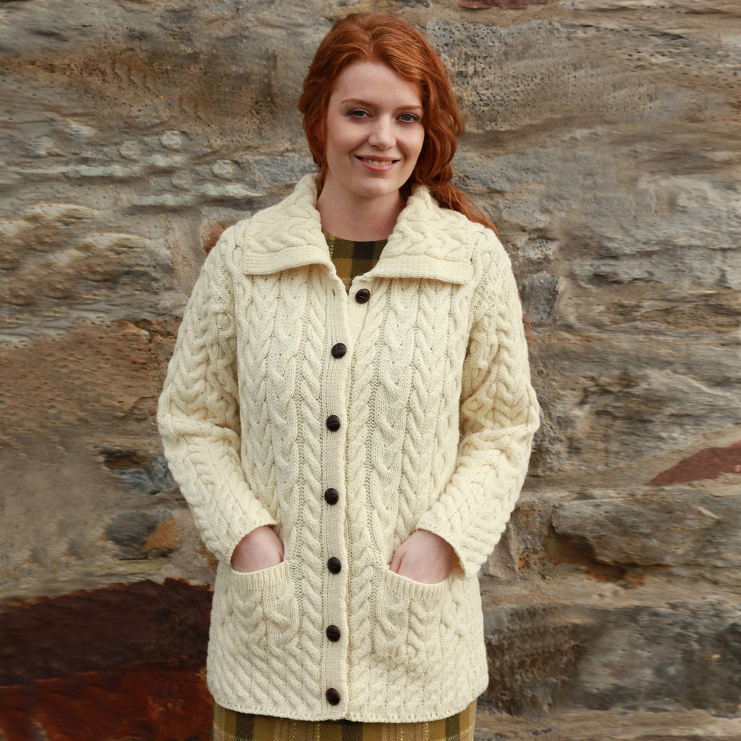 Carraig Donn Ladies Oatmeal Aran Buttoned Cardigan B664 TaraIrishClothing.com