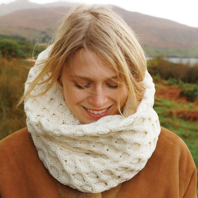 Honeycomb Aran Snood Scarf-Tara-Irish-Clothing White Color