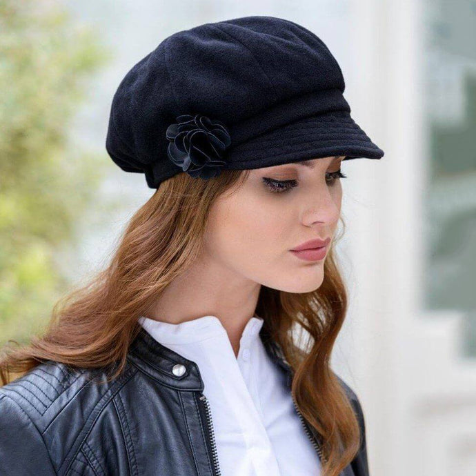 Women's Black Tweed Newsboy Cap Made in Ireland Tara Irish Clothing Side View