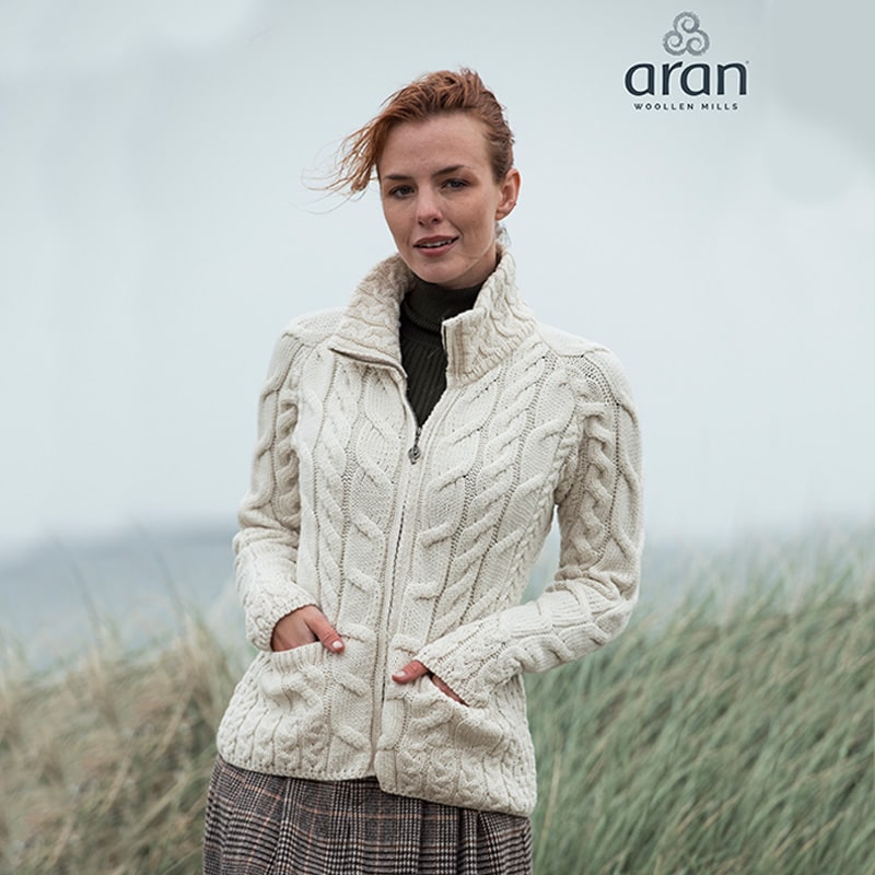 Ladies Irish Cardigan with Cable Design Classic Aran Color Tara Irish Clothing