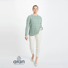 Load image into Gallery viewer, Aran Knit Cable Sweater for Ladies in Sea Green Full ViewTara Irish Clothing
