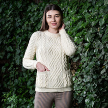 Load image into Gallery viewer, SAOL Cowl Neck Aran Sweater with Pockets White ML102 TaraIrishClothing.com

