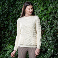 Load image into Gallery viewer, SAOL Cowl Neck Aran Sweater with Pockets White ML102 TaraIrishClothing.com
