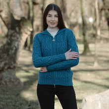 Load image into Gallery viewer, SAOL Celtic Merino Wool Zipper Cardigan ML113 Teal Color TaraIrishClothing.com
