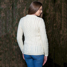 Load image into Gallery viewer, Back SAOL White Cable Knit Aran Wool Ladies Cardigan ​ML115 TaraIrishClothing.com
