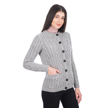 Load image into Gallery viewer, Side SAOL Grey Cable Knit Aran Wool Ladies Cardigan ​ML115 TaraIrishClothing.com

