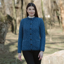 Load image into Gallery viewer, Front SAOL Marl Blue Cable Knit Aran Wool Ladies Cardigan ​ML115 TaraIrishClothing.com
