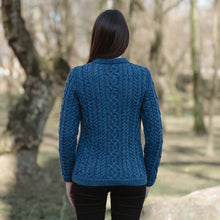 Load image into Gallery viewer, Reverse SAOL Marl Blue Cable Knit Aran Wool Ladies Cardigan ​ML115 TaraIrishClothing.com

