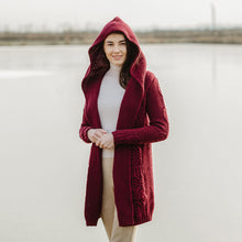 Load image into Gallery viewer, SAOL Beautiful Stone Color Hooded Cable Coat ML116 Wine TaraIrishClothing.com

