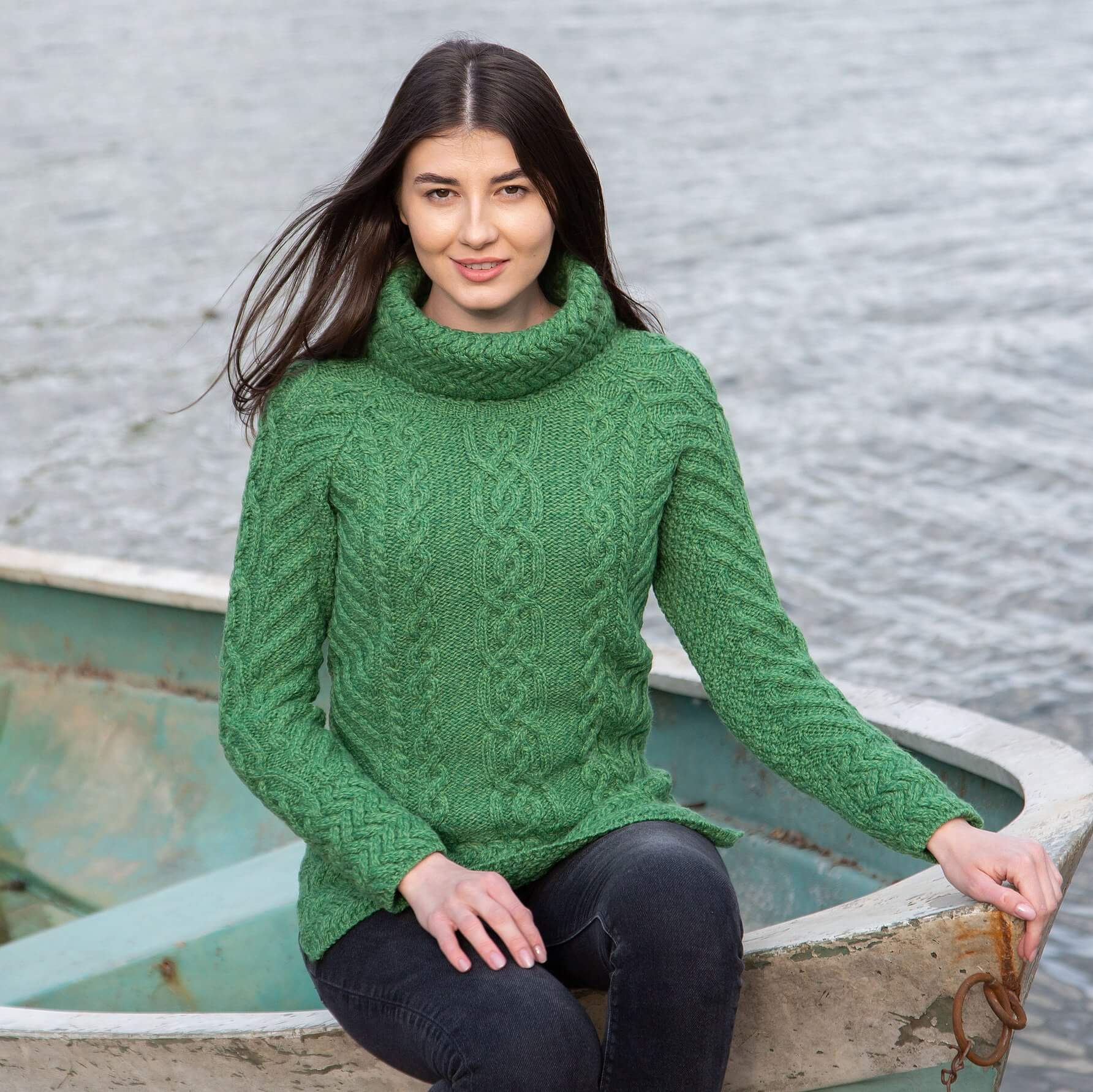 Traditional Ladies Funnel Neck Aran Sweater | Tara Irish Clothing