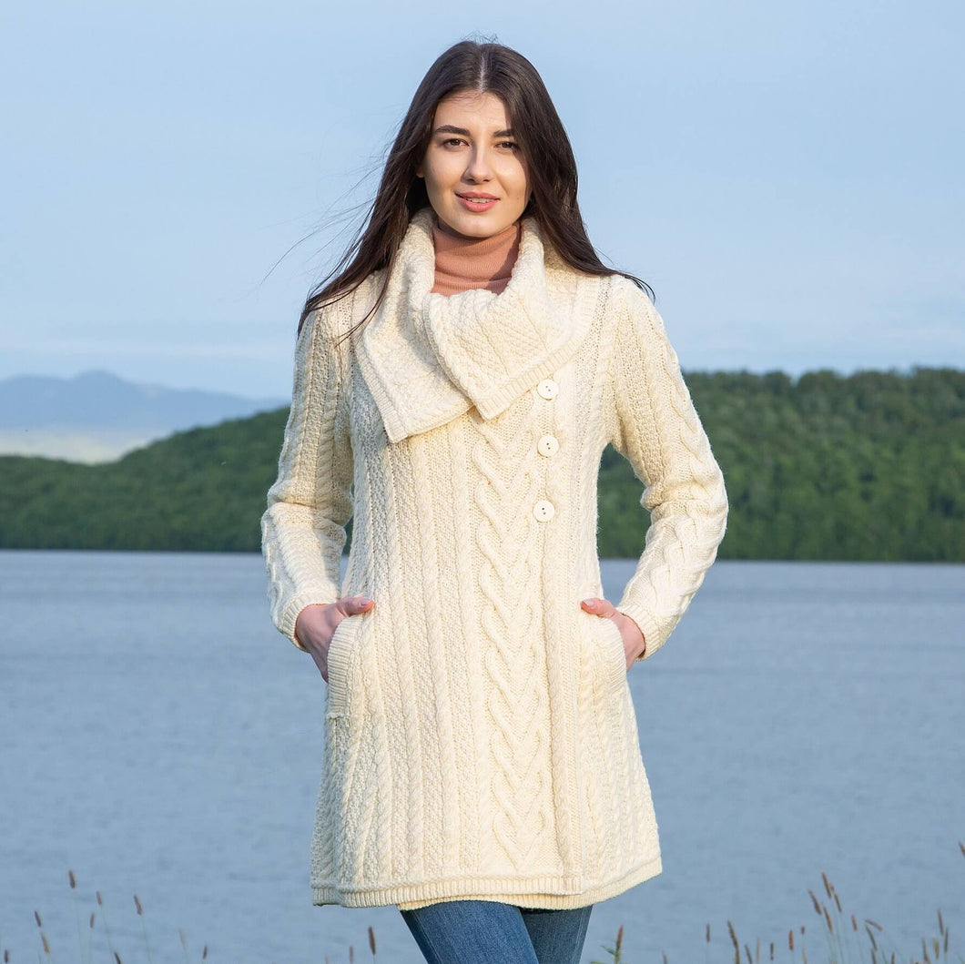 SAOL Ladies Merino Wool A-Line Cardigan ML120 White TaraIrishClothing.com