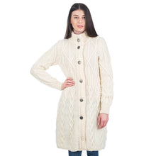 Load image into Gallery viewer, White Long Ladies Irish Wool Aran Jacket Front
