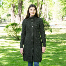 Load image into Gallery viewer, Green Long Ladies Irish Wool Aran Jacket

