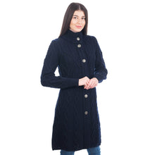 Load image into Gallery viewer, Blue Long Ladies Irish Wool Aran Jacket Front
