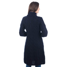 Load image into Gallery viewer, Long Ladies Irish Wool Aran Jacket Blue Reverse
