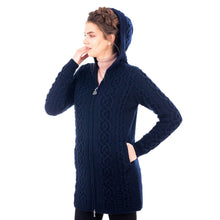Load image into Gallery viewer, Side SAOL Irish Aran Cable Hooded Cardigan with Zip for Women ML128 Navy Blue TaraIrishClothing.com
