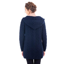 Load image into Gallery viewer, Back SAOL Irish Aran Cable Hooded Cardigan with Zip for Women ML128 Navy Blue TaraIrishClothing.com
